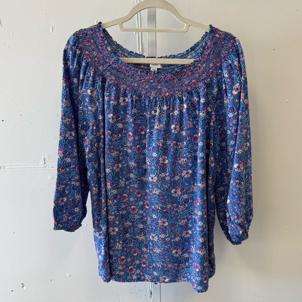 J. Jill Women's Floral Boho Cottagecore Smocked Two-Way A-Line Top Blouse XL